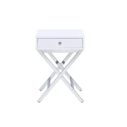 Wood And Metal Side Table With Crossed Base, White And Silver-Benzara -Home Furniture Shop 2ed8f7cc952242dfb6b3eb2325d14709
