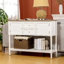 Vintage Console Table With 2 Drawers And Cabinets, Retro Sofa Table For Entryway, Living Room And Bedroom, White -Home Furniture Shop 2eef16f25cc14f54b7de9c469f612a78