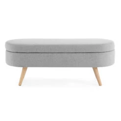 Ottoman Oval Storage Bench, Rubber Wood Legs, Grey（43.5“x16”x16“）