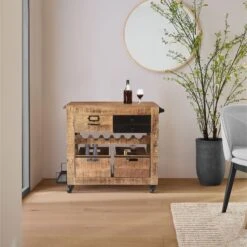 31 Inch Handcrafted Rustic Mango Wood Bar Cart Trolly With 3 Drawers And 6 Wine Bottle Holders-Benzara 18 31 Inch Handcrafted Rustic Mango Wood Bar Cart Trolly With 3 Drawers And 6 Wine Bottle Holders-Benzara -Home Furniture Shop 3077d549cb2c489fab000e7496d30571