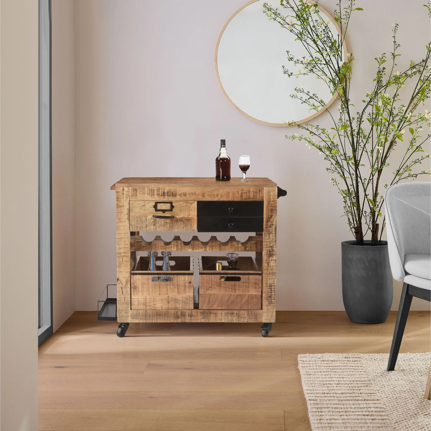 31 Inch Handcrafted Rustic Mango Wood Bar Cart Trolly With 3 Drawers And 6 Wine Bottle Holders-Benzara 9 31 Inch Handcrafted Rustic Mango Wood Bar Cart Trolly With 3 Drawers And 6 Wine Bottle Holders-Benzara - Image 7