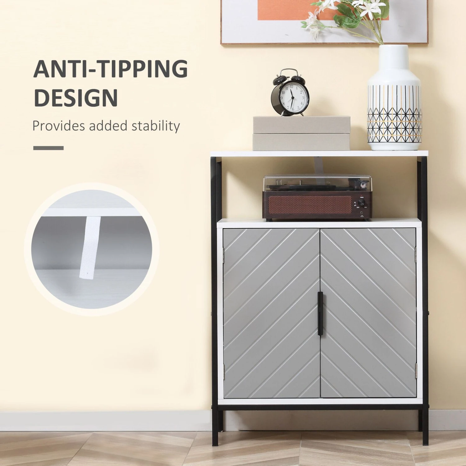 Kitchen Storage Cabinet With Door Cabinet And Open Compartment, Bathroom Cabinet Sideboard With Shelf For Living Dining Room, Grey 8 Kitchen Storage Cabinet With Door Cabinet And Open Compartment, Bathroom Cabinet Sideboard With Shelf For Living Dining Room, Grey - Image 6