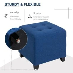 Tufted Ottoman Linen-Touch Fabric Upholstered Footrest Stool With Anti-Slip Pads, Blue -Home Furniture Shop 33614c83ebcb4f3190146beb070dd6e1