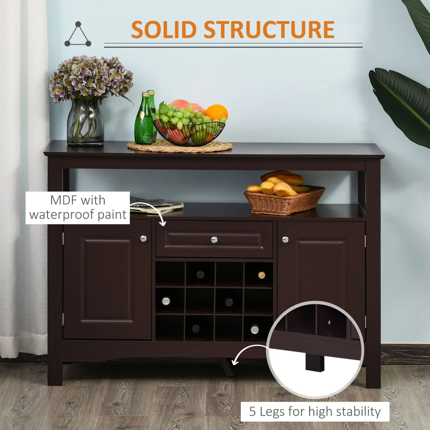 Modern Sideboard Cabinet, Wooden Buffet Cabinet With 5 Legs And 12-Grid Wine Rack For Living Room, Kitchen, Sideboard Buffet, Espresso 7 Modern Sideboard Cabinet, Wooden Buffet Cabinet With 5 Legs And 12-Grid Wine Rack For Living Room, Kitchen, Sideboard Buffet, Espresso - Image 5