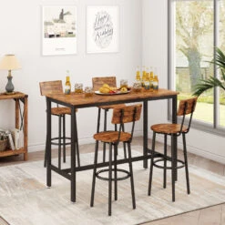Bar Table Set With 4 Bar Stools With Backrest