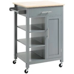 Grey Kitchen Cart, Rolling Kitchen Island Cart On Wheels, Rubber Wood Tabletop, Serving Utility Trolley Cart, Grey