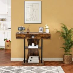 Console Table With Drawer And 2-Tier Shelves For Entryway Living Room-Rustic Brown 9 Console Table With Drawer And 2-Tier Shelves For Entryway Living Room-Rustic Brown -Home Furniture Shop 379f280bf9bb439dadf1ed7840945e30