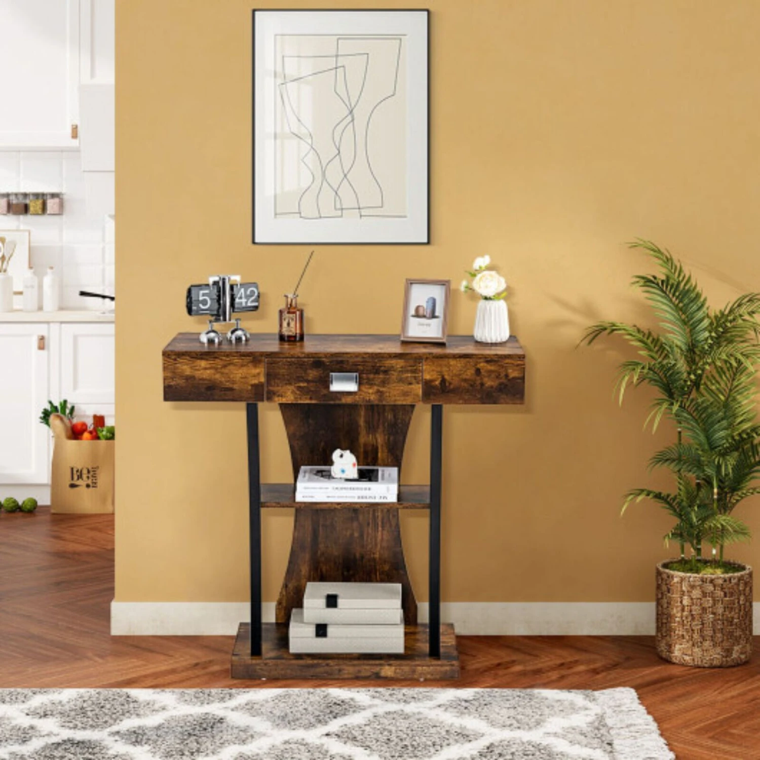 Console Table With Drawer And 2-Tier Shelves For Entryway Living Room-Rustic Brown 5 Console Table With Drawer And 2-Tier Shelves For Entryway Living Room-Rustic Brown - Image 3