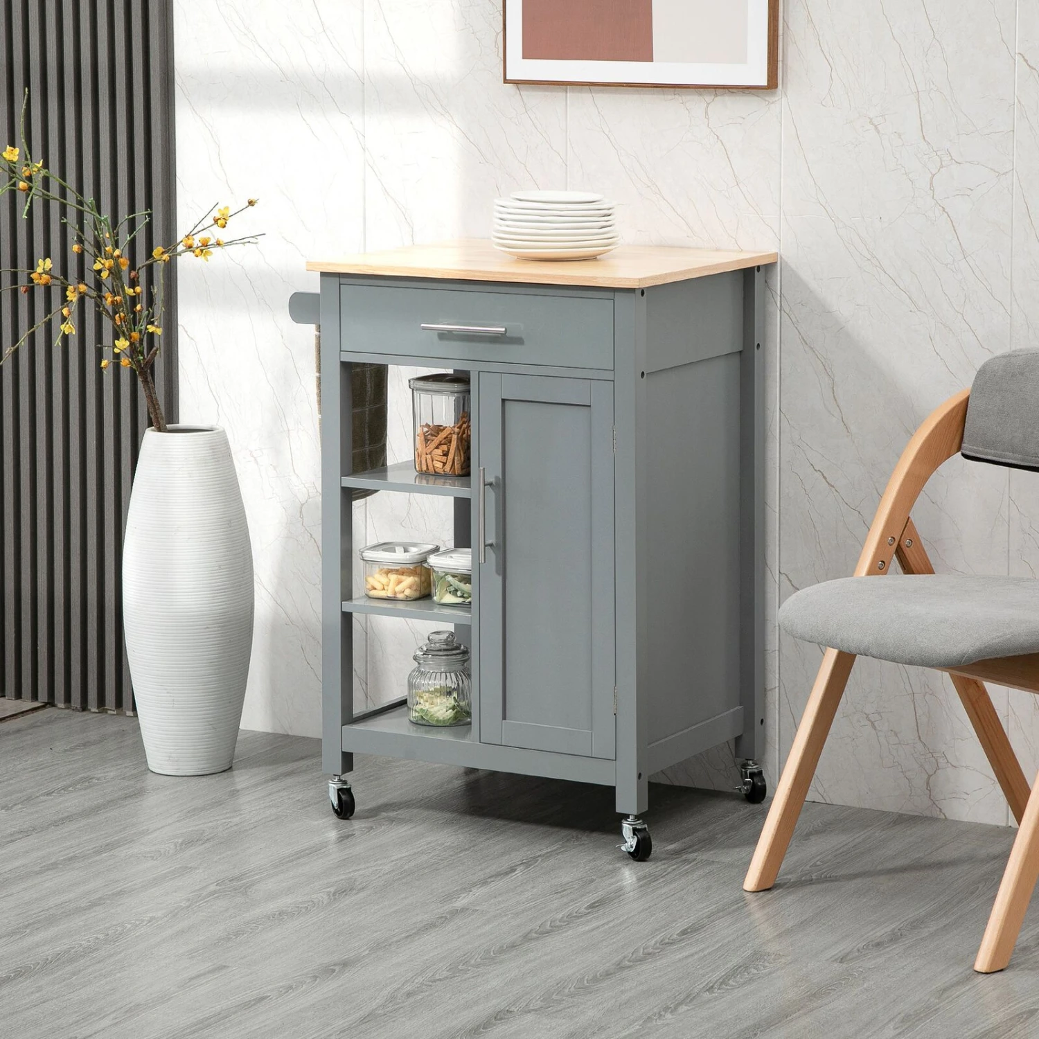 Grey Kitchen Cart, Rolling Kitchen Island Cart On Wheels, Rubber Wood Tabletop, Serving Utility Trolley Cart, Grey 4 Grey Kitchen Cart, Rolling Kitchen Island Cart On Wheels, Rubber Wood Tabletop, Serving Utility Trolley Cart, Grey - Image 2