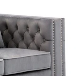Joni 86 Inch Sofa, Chesterfield Design, Deep Button Tufting, Gray Velvet-Benzara -Home Furniture Shop 37e3897a45854836a735098d57f22ccf