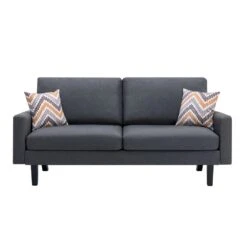 Gala Sofa, Smooth Dark Gray Linen Fabric, 2 Pillows, Black Solid Wood Frame-Benzara