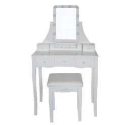 32 Inch 3 Piece Vanity Desk Set With LED Lights, 5 Drawers, Cushioned Stool, White Solid Wood-Benzara