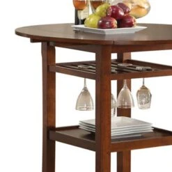 Round Top Wooden Counter Table With Stemware Rack And 2 Drop Leaves, Brown-Benzara -Home Furniture Shop 3ab422b1b6a94f2a9fe1e6d31e36c5e1