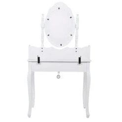 Ren 30 Inch 3 Piece Vanity Desk Set With Rotating Mirror And Matching Stool, 4 Drawers, Pure White Solid Wood-Benzara 18 Ren 30 Inch 3 Piece Vanity Desk Set With Rotating Mirror And Matching Stool, 4 Drawers, Pure White Solid Wood-Benzara -Home Furniture Shop 3bb959084e8741fb95e07b0e0d43ac26