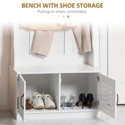 Modern Hall Tree, Entryway Coat Rack With Shoe Bench, 5 Hooks, Storage Shelf And Slatted Door Cabinet For Hallway, White -Home Furniture Shop 3c0eacee7361420fa126bc2b9d93dcf5