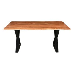 67 Inch Rectangular Dining Table With Crossed Black Metal Legs And Natural Brown Faux Live Edge Acacia Wood Top-Benzara -Home Furniture Shop 3ce09fc1b85c445c87e59c3cf27da70b