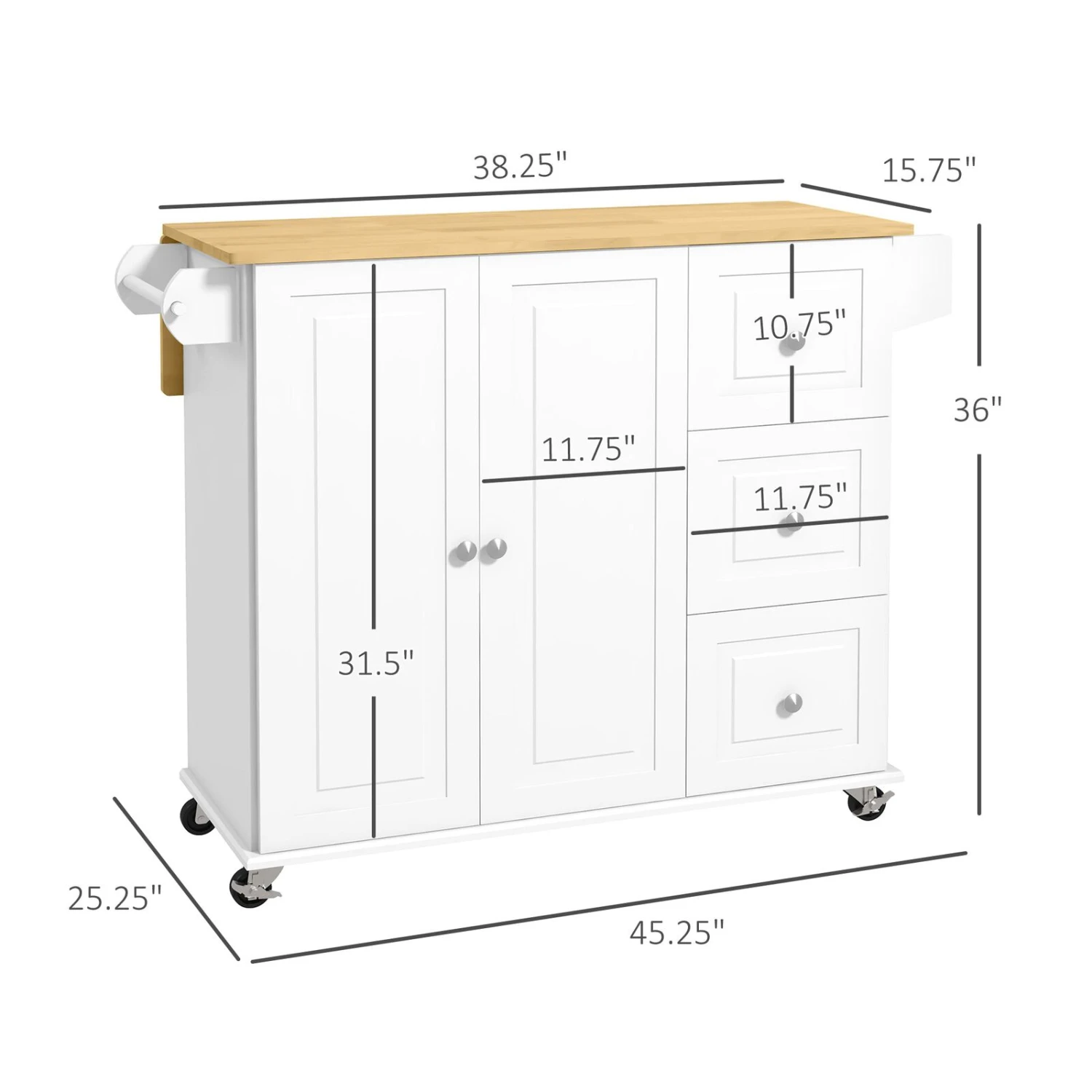 Kitchen Island With Drop Leaf, Rolling Kitchen Cart On Wheels With 3 Drawers, Cabinet, Natural Wood Top, Spice Rack And Towel Rack, White 5 Kitchen Island With Drop Leaf, Rolling Kitchen Cart On Wheels With 3 Drawers, Cabinet, Natural Wood Top, Spice Rack And Towel Rack, White - Image 3