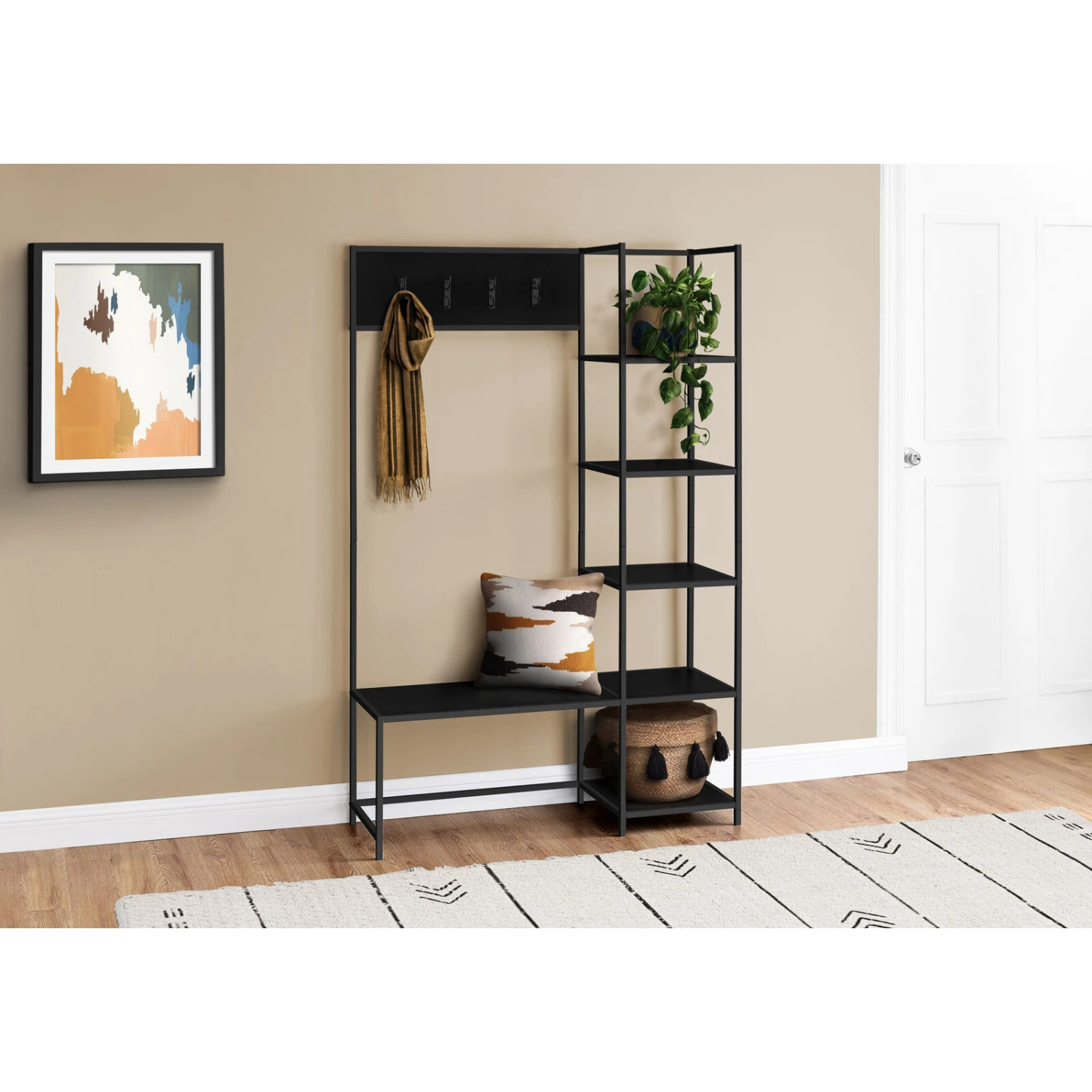 Monarch Specialties I 4510 Bench, Entryway, Hallway, Storage, Organizer, Coat Rack, Hall Tree, Metal, Laminate, Black, Contemporary, Modern 4 Monarch Specialties I 4510 Bench, Entryway, Hallway, Storage, Organizer, Coat Rack, Hall Tree, Metal, Laminate, Black, Contemporary, Modern - Image 2