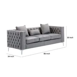 Joni 86 Inch Sofa, Chesterfield Design, Deep Button Tufting, Gray Velvet-Benzara -Home Furniture Shop 3db4131c03f6403bbfcf45293e764e17