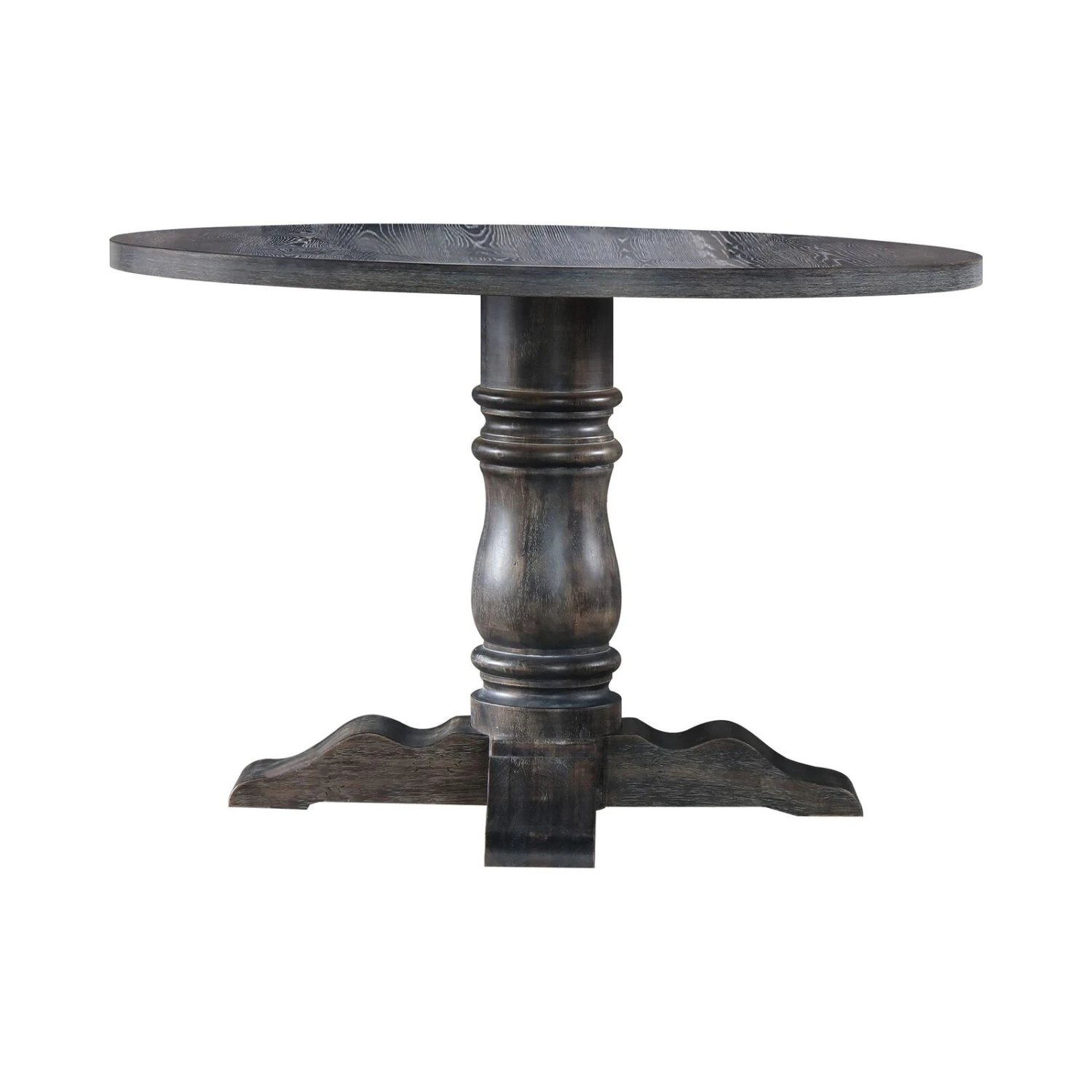 Wooden Round Dining Table With Heavy Pedestal Feet, Weathered Gray-Benzara 3 Wooden Round Dining Table With Heavy Pedestal Feet, Weathered Gray-Benzara