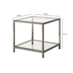 Glass Top End Table With Metal Frame And Open Shelf, Silver-Benzara -Home Furniture Shop 3ed9ac7af53541d78ce3bfa60ea8af50