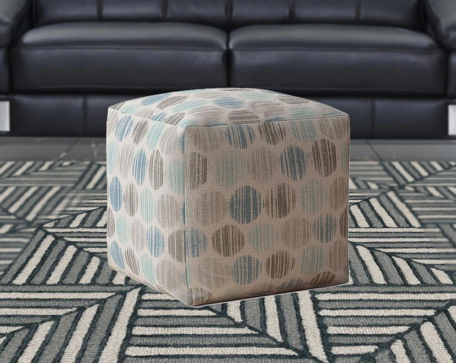 Homezia 17" Blue And Grey Flax Polka Dots Pouf Ottoman 7 Homezia 17" Blue And Grey Flax Polka Dots Pouf Ottoman - Image 5
