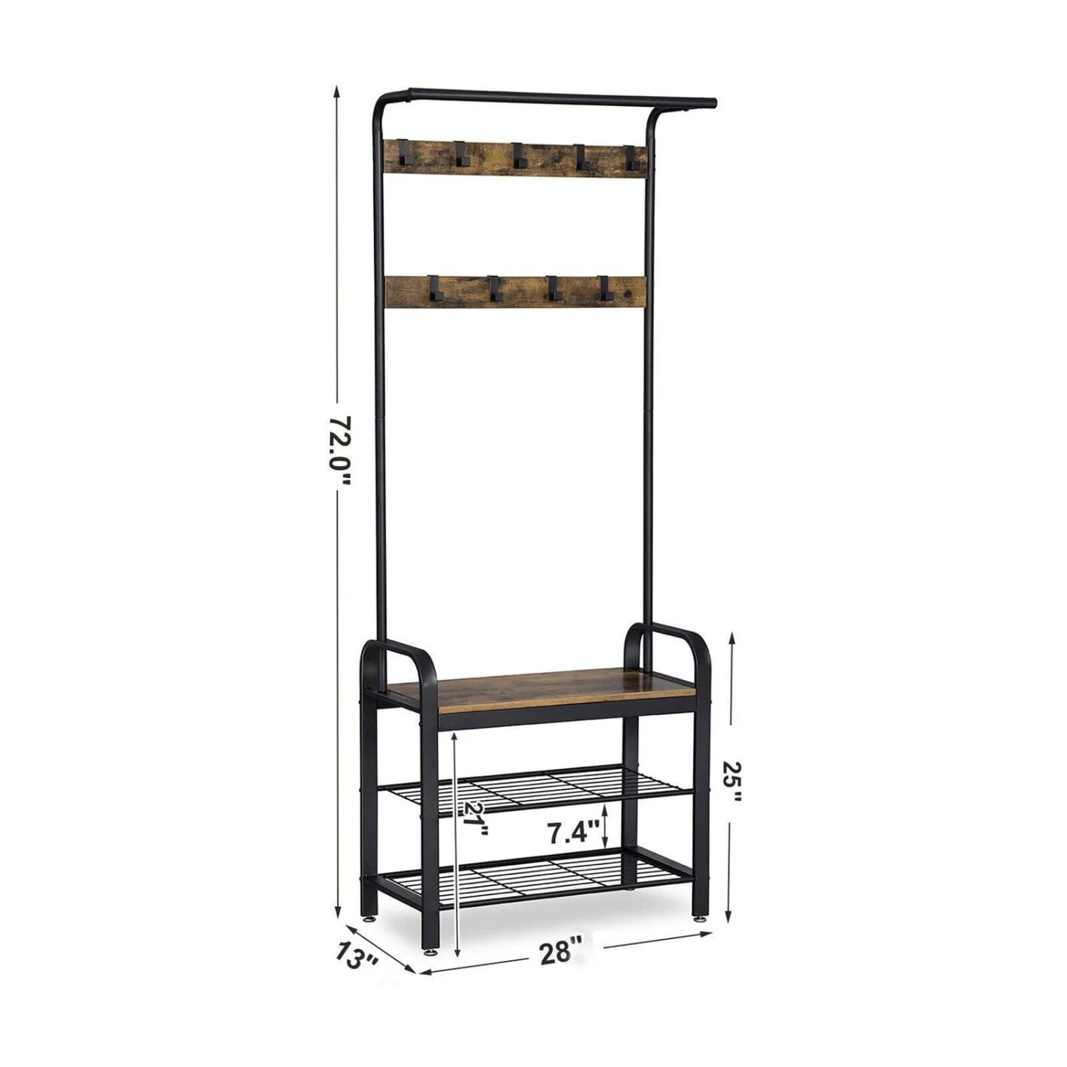 72 Inch Industrial Metal Framed Coat Rack, 9 Hooks, 2 Storage Shelves, Rustic Brown, Black-Benzara 7 72 Inch Industrial Metal Framed Coat Rack, 9 Hooks, 2 Storage Shelves, Rustic Brown, Black-Benzara - Image 5