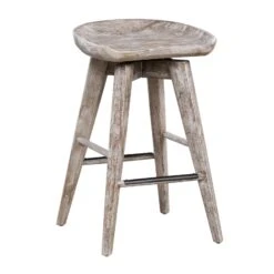 Esme 24 Inch Swivel Counter Stool, Contour Seat, Wood, Wire Brushed White-Benzara