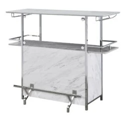 Bar Table With Faux Marble And Chrome Finish, White And Silver- Benzara
