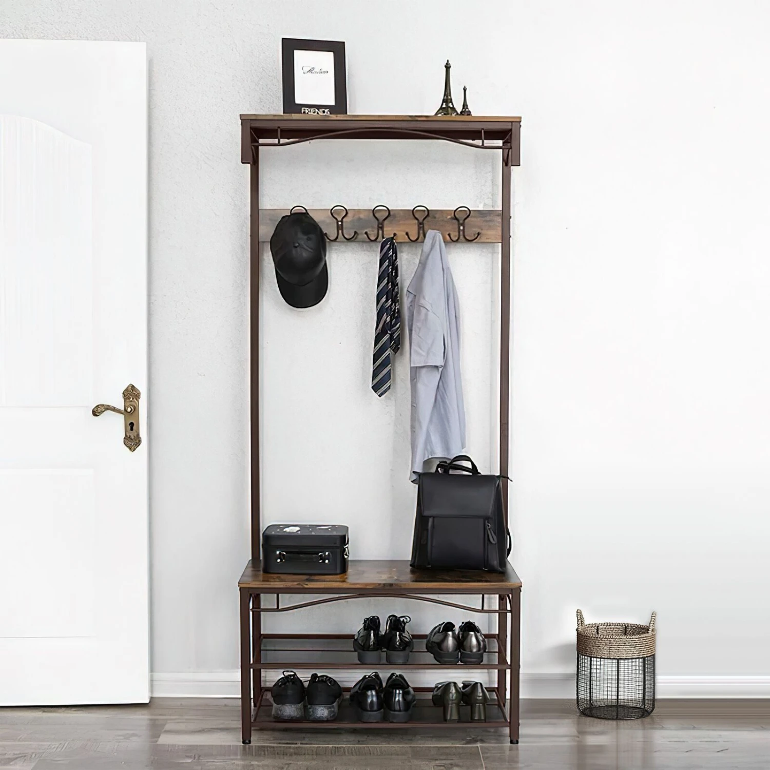 70 Inch Industrial Metal Framed Coat Rack, Wood Bench, Two Mesh Shelves, Rustic Brown, Black-Benzara 4 70 Inch Industrial Metal Framed Coat Rack, Wood Bench, Two Mesh Shelves, Rustic Brown, Black-Benzara - Image 2