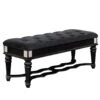 Fabric Padded Bench With Deep Button Tufting And Turned Legs, Black- Benzara