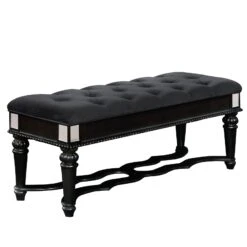 Fabric Padded Bench With Deep Button Tufting And Turned Legs, Black- Benzara