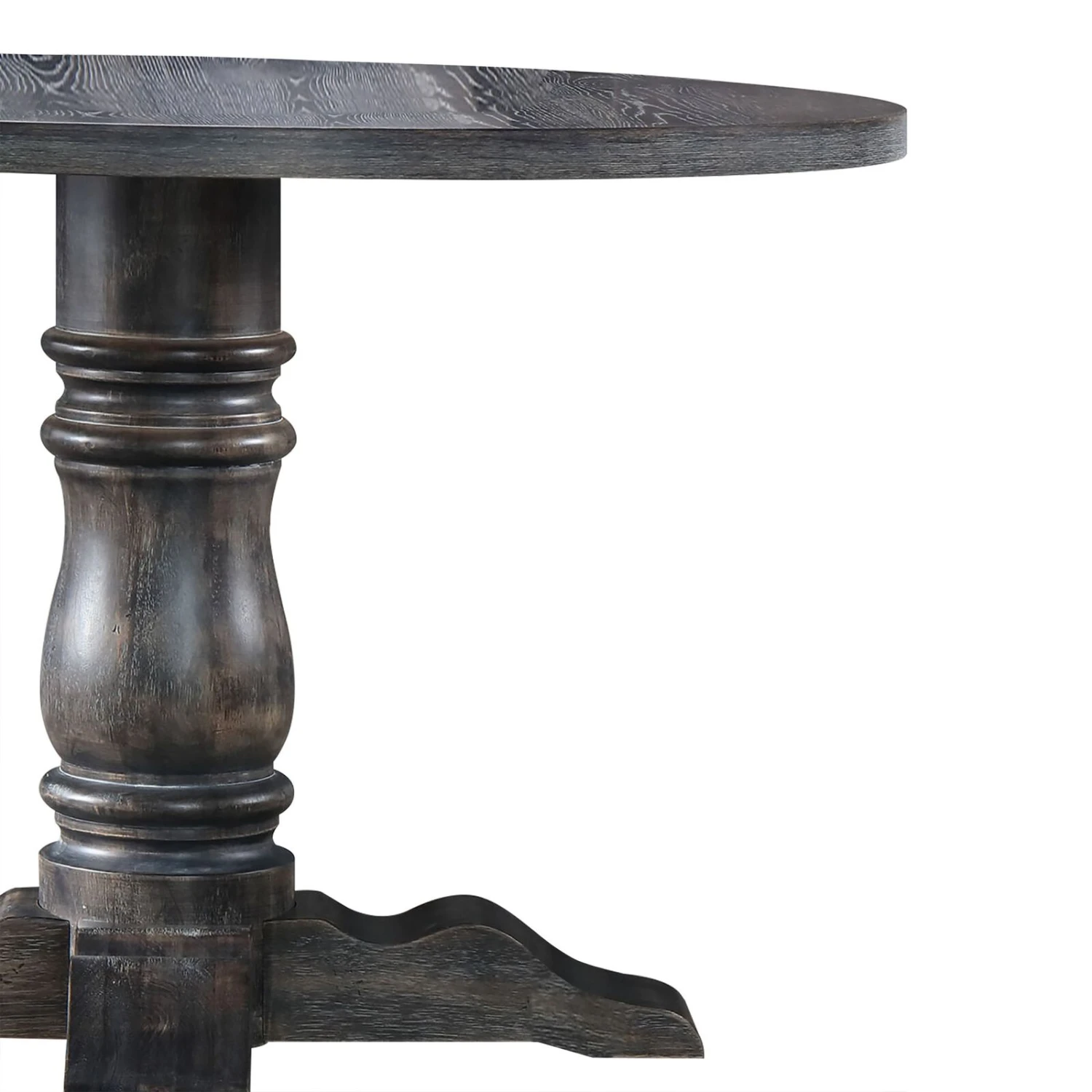 Wooden Round Dining Table With Heavy Pedestal Feet, Weathered Gray-Benzara 5 Wooden Round Dining Table With Heavy Pedestal Feet, Weathered Gray-Benzara - Image 3