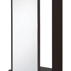 Mirror And Wood Hall Tree With Hanging Rod And Casters, Brown And Silver-Benzara -Home Furniture Shop 44ccb930a0894dfa94f5746481284cb2