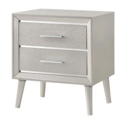 2 Drawer Contemporary Nightstand With Bar Handles And Splayed Legs, Silver-Benzara