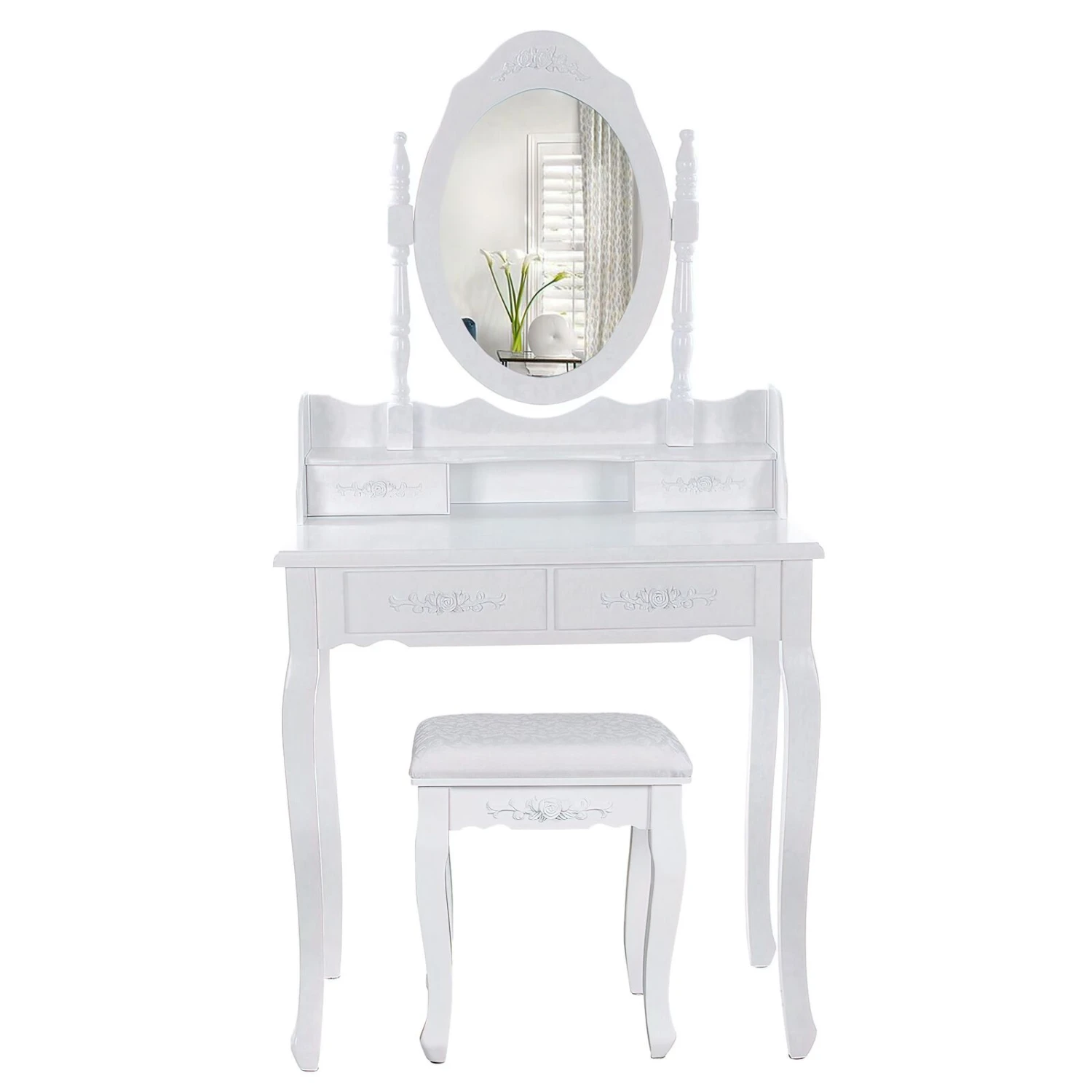 Ren 30 Inch 3 Piece Vanity Desk Set With Rotating Mirror And Matching Stool, 4 Drawers, Pure White Solid Wood-Benzara 3 Ren 30 Inch 3 Piece Vanity Desk Set With Rotating Mirror And Matching Stool, 4 Drawers, Pure White Solid Wood-Benzara