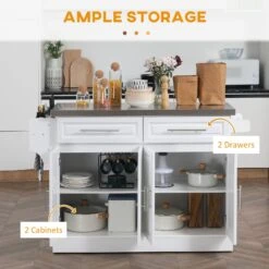 White Rolling Kitchen Island With Storage, Portable Kitchen Cart With Stainless Steel Top, 2 Drawers, Spice, Knife And Towel Rack -Home Furniture Shop 47b382c932124f1a9db3ab4c87d1e4a1