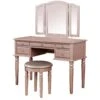 Vanity Set With Turned Tapered Legs And Three Piece Mirror, Rose Gold-Benzara 1 Vanity Set With Turned Tapered Legs And Three Piece Mirror, Rose Gold-Benzara -Home Furniture Shop 480359c2785a4f63b2a5bd9f3b215c9a