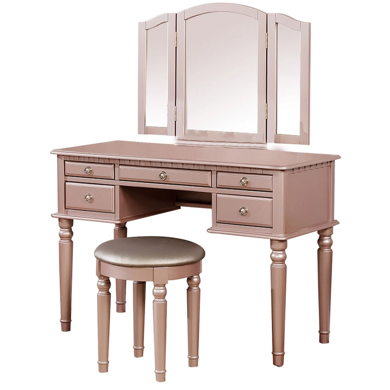Vanity Set With Turned Tapered Legs And Three Piece Mirror, Rose Gold-Benzara 3 Vanity Set With Turned Tapered Legs And Three Piece Mirror, Rose Gold-Benzara
