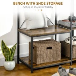 Industrial Hall Tree With Side Storage Shelves, Entryway Bench With Coat Rack, Freestanding Coat Tree With Shoe Storage And Hooks, Rustic Brown -Home Furniture Shop 482bddb9e5bc493b8538592a2eea75c6