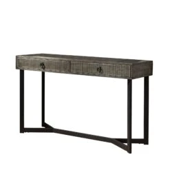 Rectangular Wooden Sofa Table With Metal Powder Coated Base, Gray And Black-Benzara