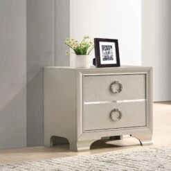 Two Drawers Wooden Nightstand With Oversized Ring Handles, Silver- Benzara -Home Furniture Shop 4b2cceebdd704a1192ffb6393e63e2cf
