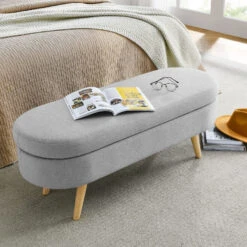 Ottoman Oval Storage Bench, Rubber Wood Legs, Grey(43.5“x16”x16“) 12 Ottoman Oval Storage Bench, Rubber Wood Legs, Grey(43.5“x16”x16“) -Home Furniture Shop 4bb6d8663a994b3695cc8833ee79539f