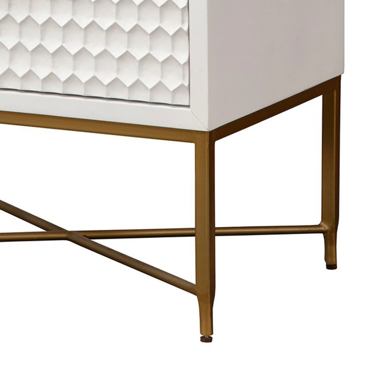 Rexi 26 Inch 2 Drawer Nightstand, Honeycomb, Mahogany Wood, White, Gold-Benzara 7 Rexi 26 Inch 2 Drawer Nightstand, Honeycomb, Mahogany Wood, White, Gold-Benzara - Image 5