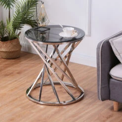 Set Of 1 Round Glass Top Side Table For Living Room- Black Grey Tempered Glass & Silver Stainless Steel Frame -Home Furniture Shop 4f0f4c96c859465fbfc54cd23a300196
