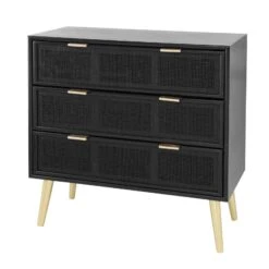 31 Inch Dresser Chest Cabinet, 3 Drawers, Woven Rattan, Modern, Black, Gold-Benzara