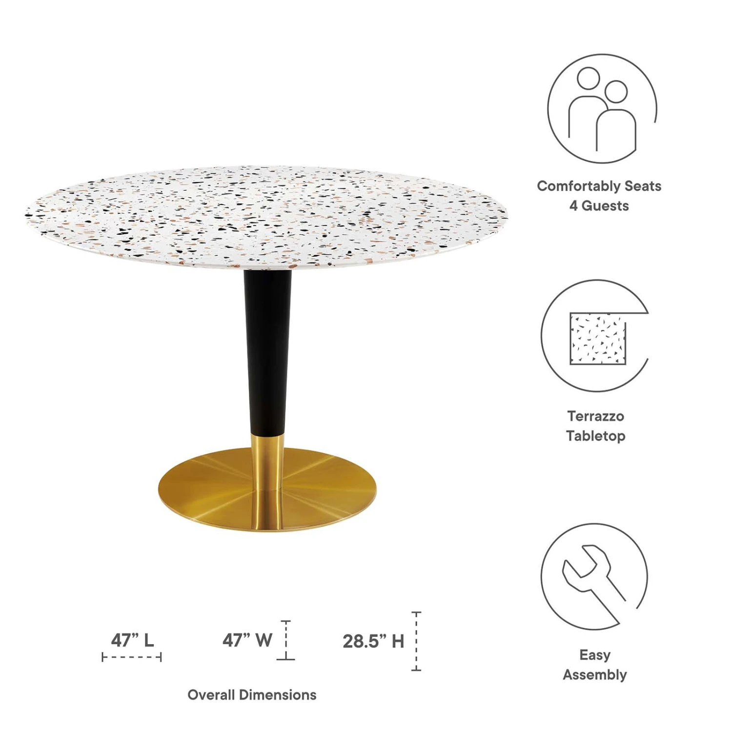 Modway - Zinque 47" Round Terrazzo Dining Table Gold White 9 Modway - Zinque 47" Round Terrazzo Dining Table Gold White - Image 7