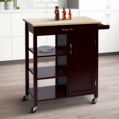 35 Inch Handcrafted Rubberwood Kitchen Island Bar Cart, 3 Shelves, 1 Cabinet, Caster Wheels, Espresso Brown -Home Furniture Shop 525bb3774a5347c9a1dfe6001f0ea73e