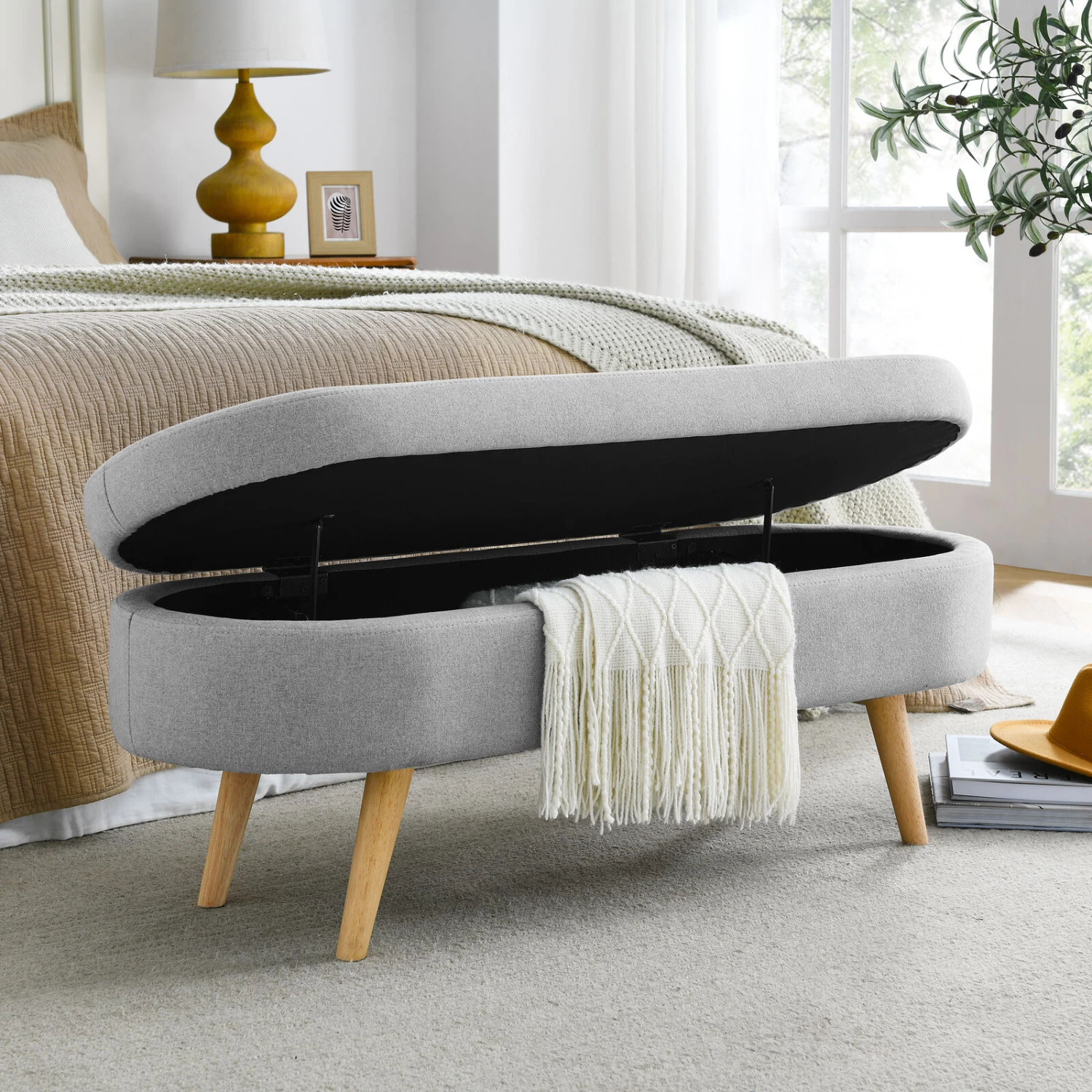 Ottoman Oval Storage Bench, Rubber Wood Legs, Grey(43.5“x16”x16“) 6 Ottoman Oval Storage Bench, Rubber Wood Legs, Grey(43.5“x16”x16“) - Image 4