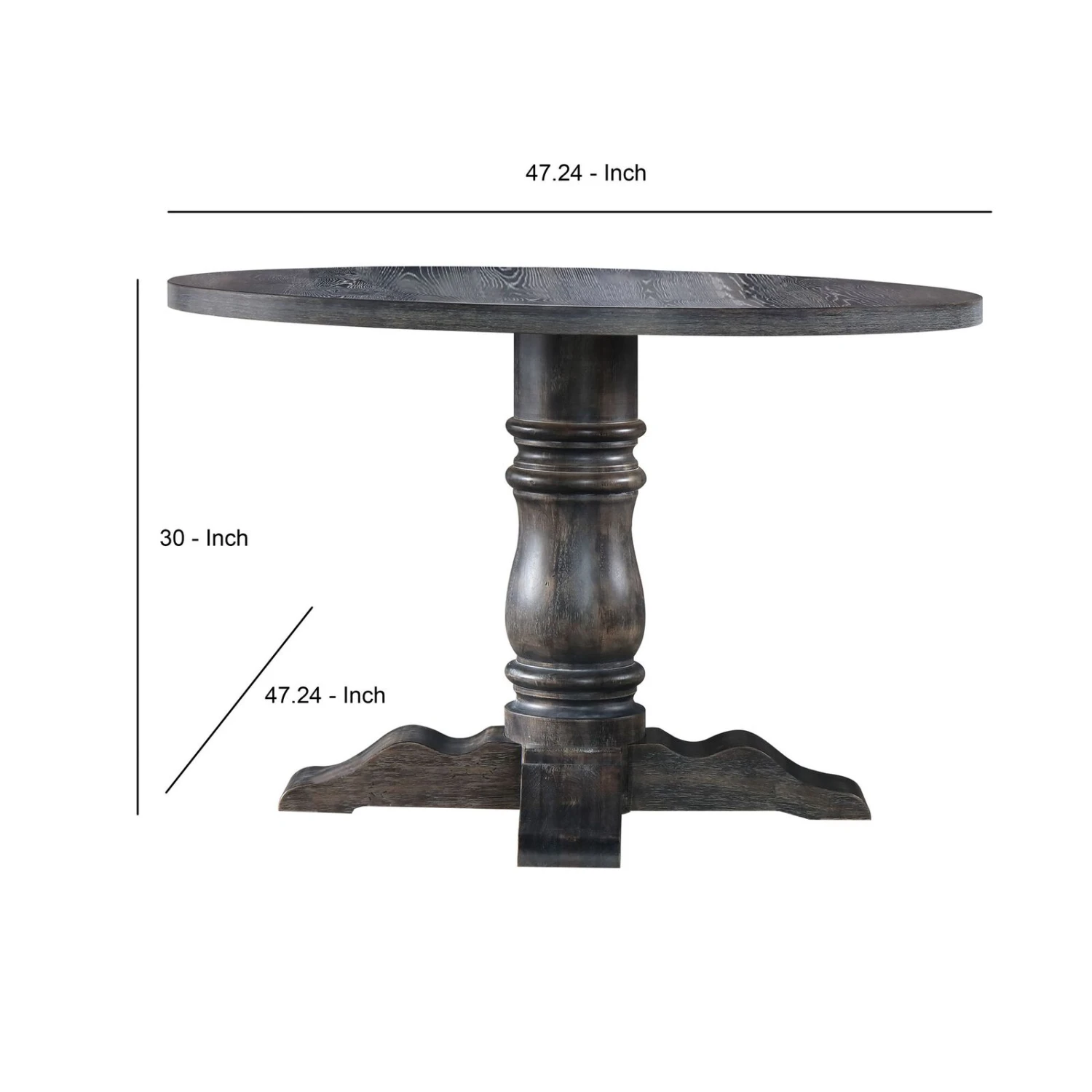 Wooden Round Dining Table With Heavy Pedestal Feet, Weathered Gray-Benzara 7 Wooden Round Dining Table With Heavy Pedestal Feet, Weathered Gray-Benzara - Image 5